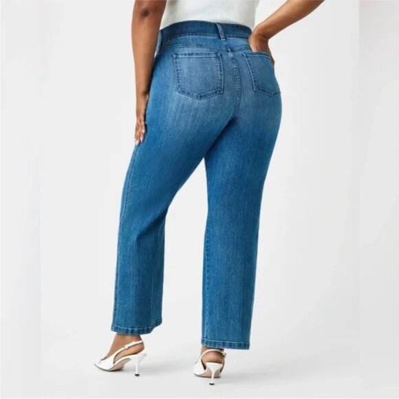 Spanx NWT vintage indigo wash pull on elastic waist flare leg jeans sz 1X Tall - Picture 2 of 13